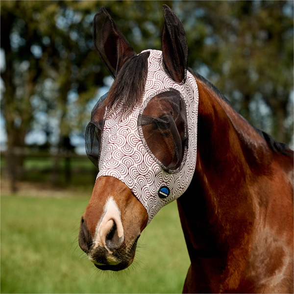 2026 WeatherBeeta Comfitec Deluxe Stretch Fly Mask With Ears 1029984032 - White / Burgundy Bit Print